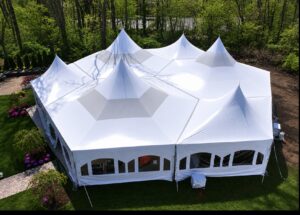 250 guest high peak tent rental with sidewalls and heaters in Woodbury NY